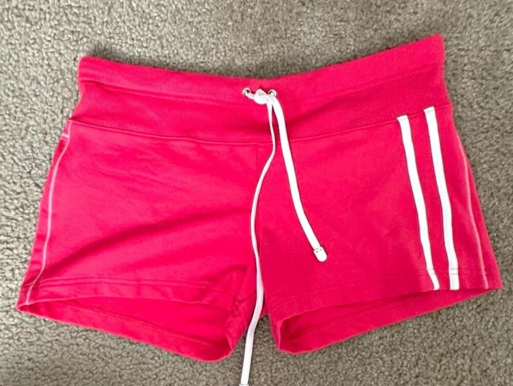 Bebe Sport Shorts Womens Large Hot Pink White Stripe Drawstring Made in USA